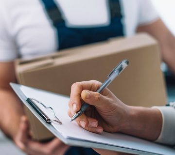 A person signs a clipboard while another person in a uniform holds a cardboard box, suggesting a package delivery or receipt process.